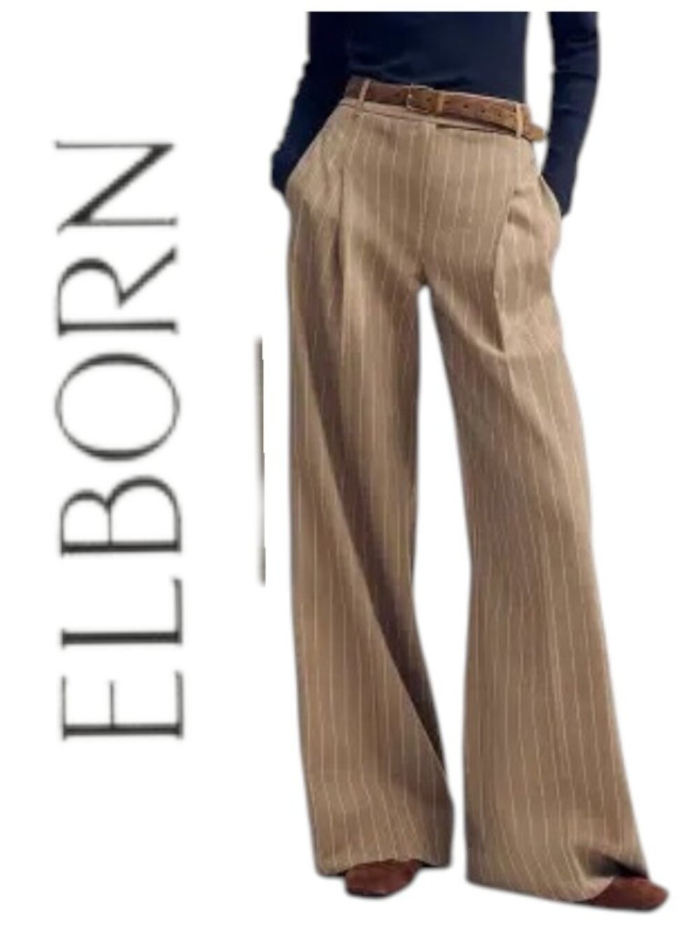 ELBORN Luxury Wool Lightweight Tan Pin Stripe Wide Leg Dress Trousers - NWT